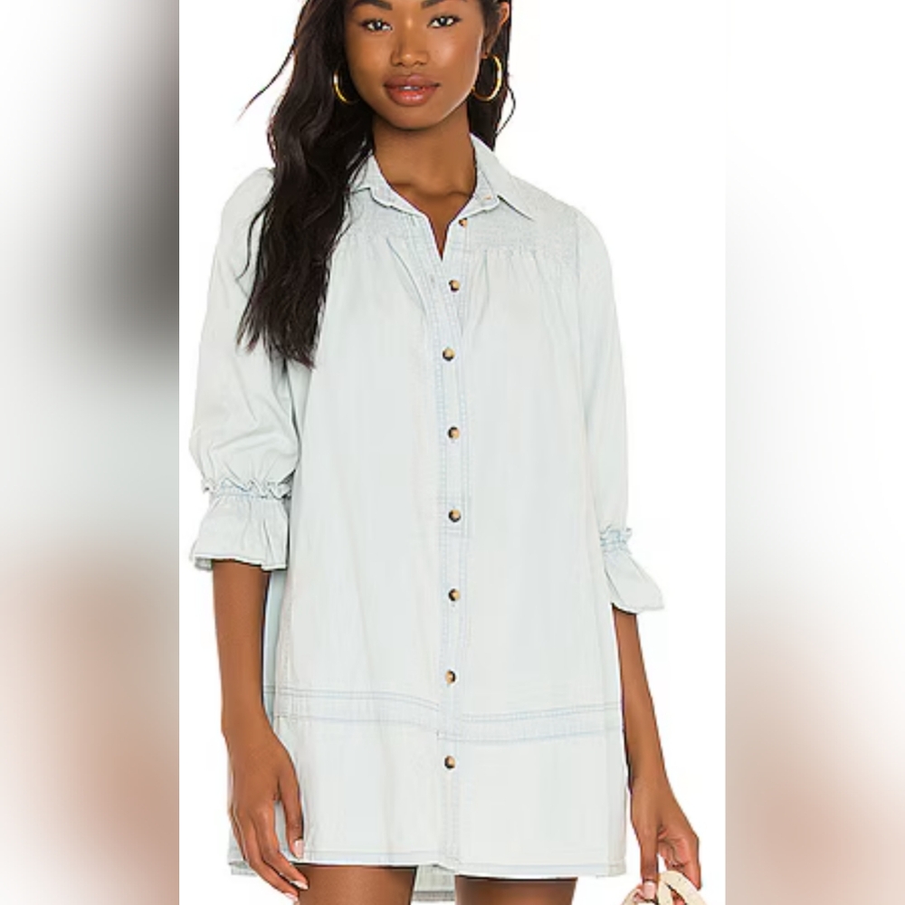 Free People Light Blue Button-Front Mini Dress